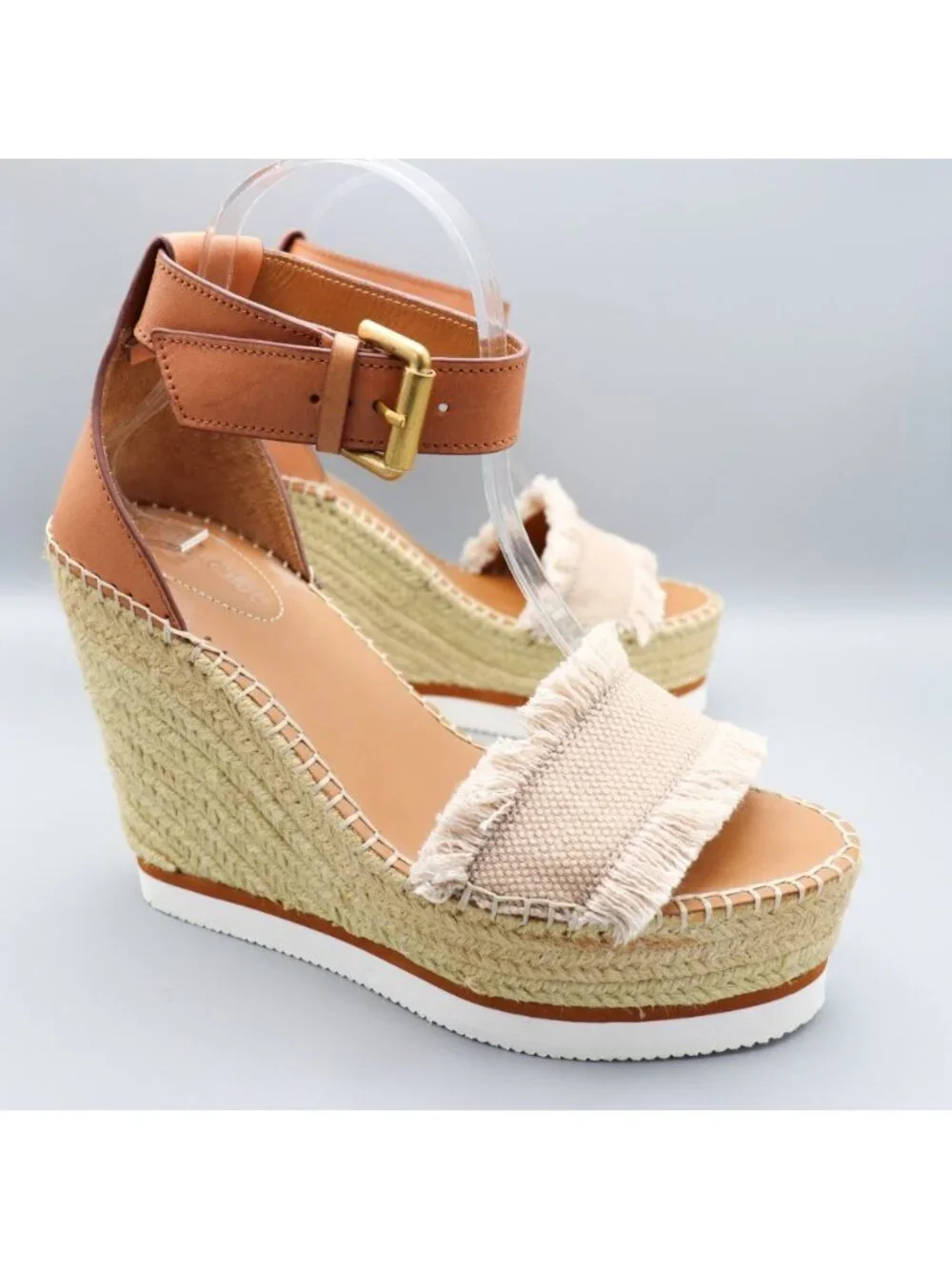 See By Chloé Glyn Frayed Canvas & Leather Espadrille Wedges 39 / US 9